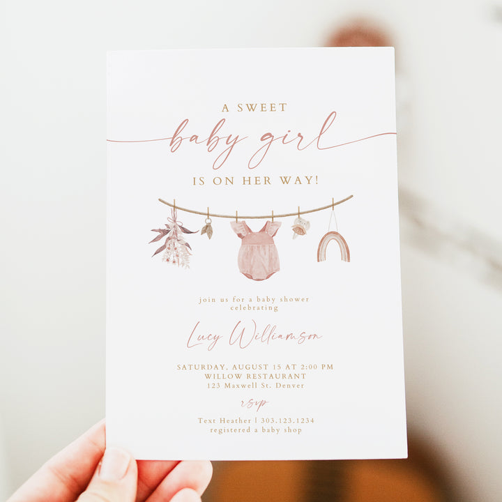 LUCY Sweet Baby Girl Clothesline Baby Shower Invitation Bundle