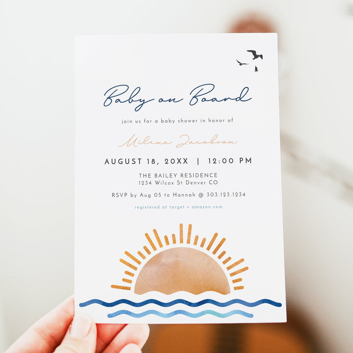 OCEANSIDE Baby on Board Baby Shower Invitation Bundle with Photo