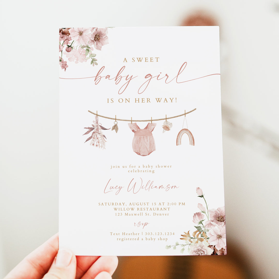 LUCY Sweet Baby Girl Boho Floral Baby Shower Invitation Suite