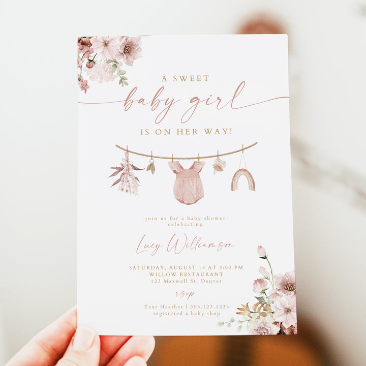 LUCY Sweet Baby Girl Boho Floral Baby Shower Invitation Suite