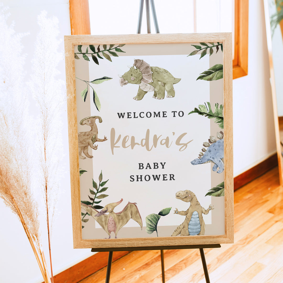 SPIKE Rustic Watercolor Dinosaur Baby Shower Welcome Sign