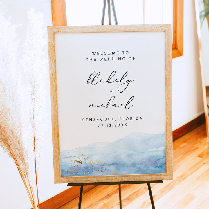 BLAKELY Blue Watercolor Coastal Wedding Welcome Sign