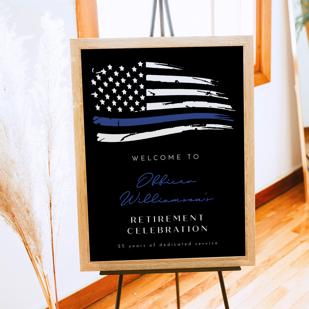 POLICE Black Retirement Party Sign with Thin Blue Line Police Flag