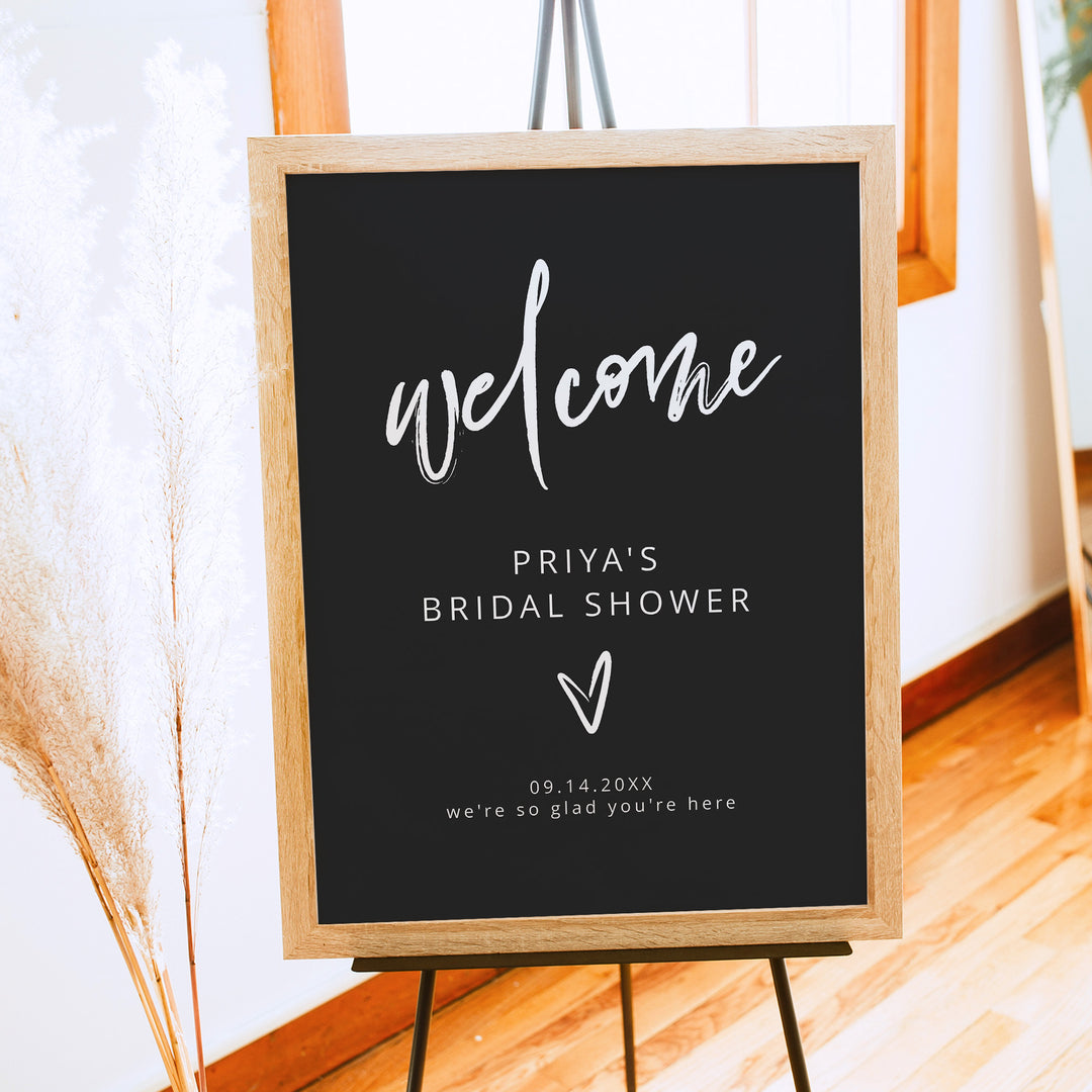 PRIYA Classy Black and White Minimalist Bridal Shower Welcome Sign