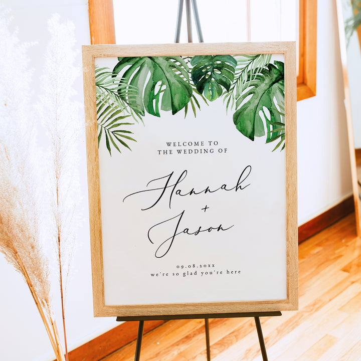 CORA Green Watercolor Monstera and Palm Wedding Welcome Sign
