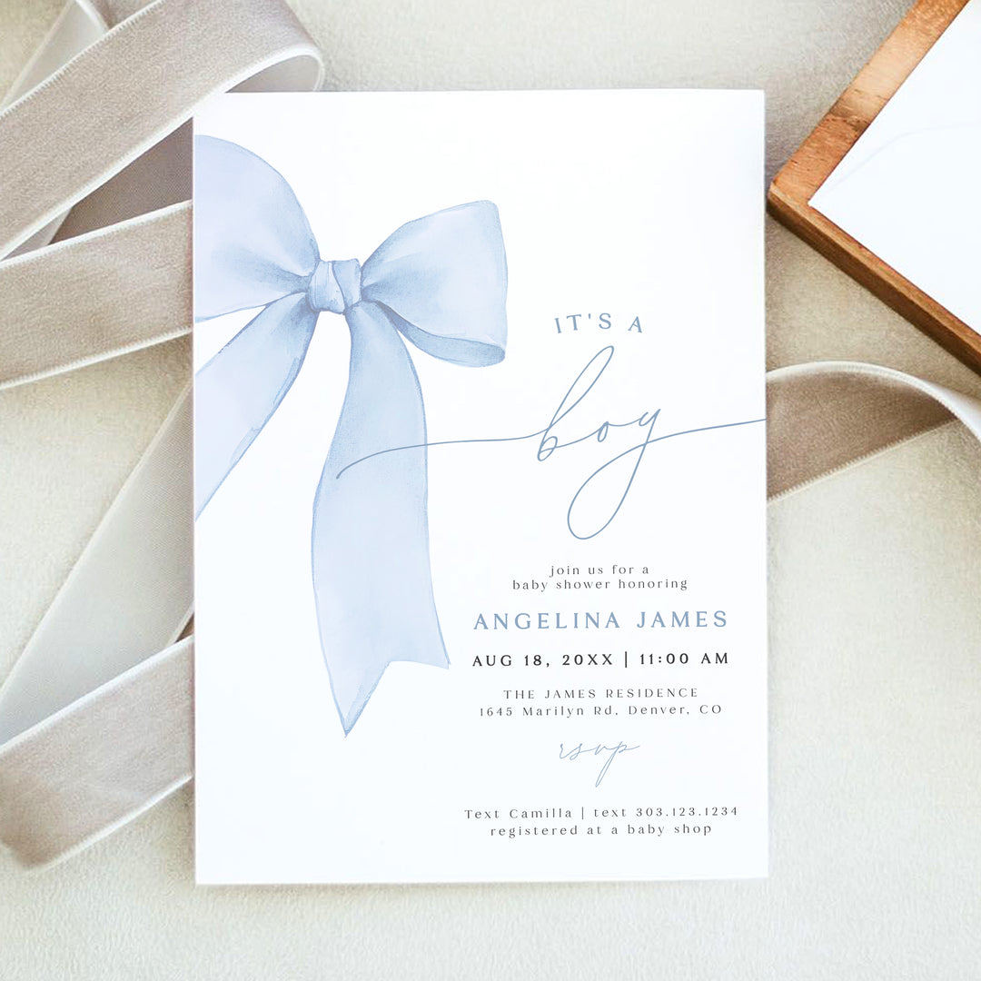 ANGELINA It's A Boy Blue Coquette Bow Baby Shower Invitation Suite