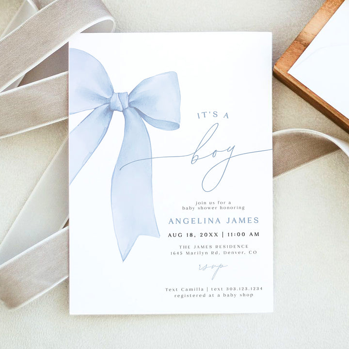 ANGELINA It's A Boy Blue Coquette Bow Baby Shower Invitation Suite