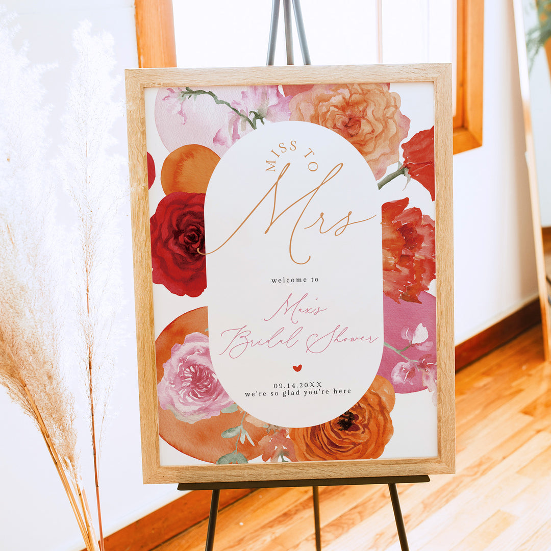 MAX Pink and Orange Peony Miss to Mrs Bridal Shower Welcome Sign