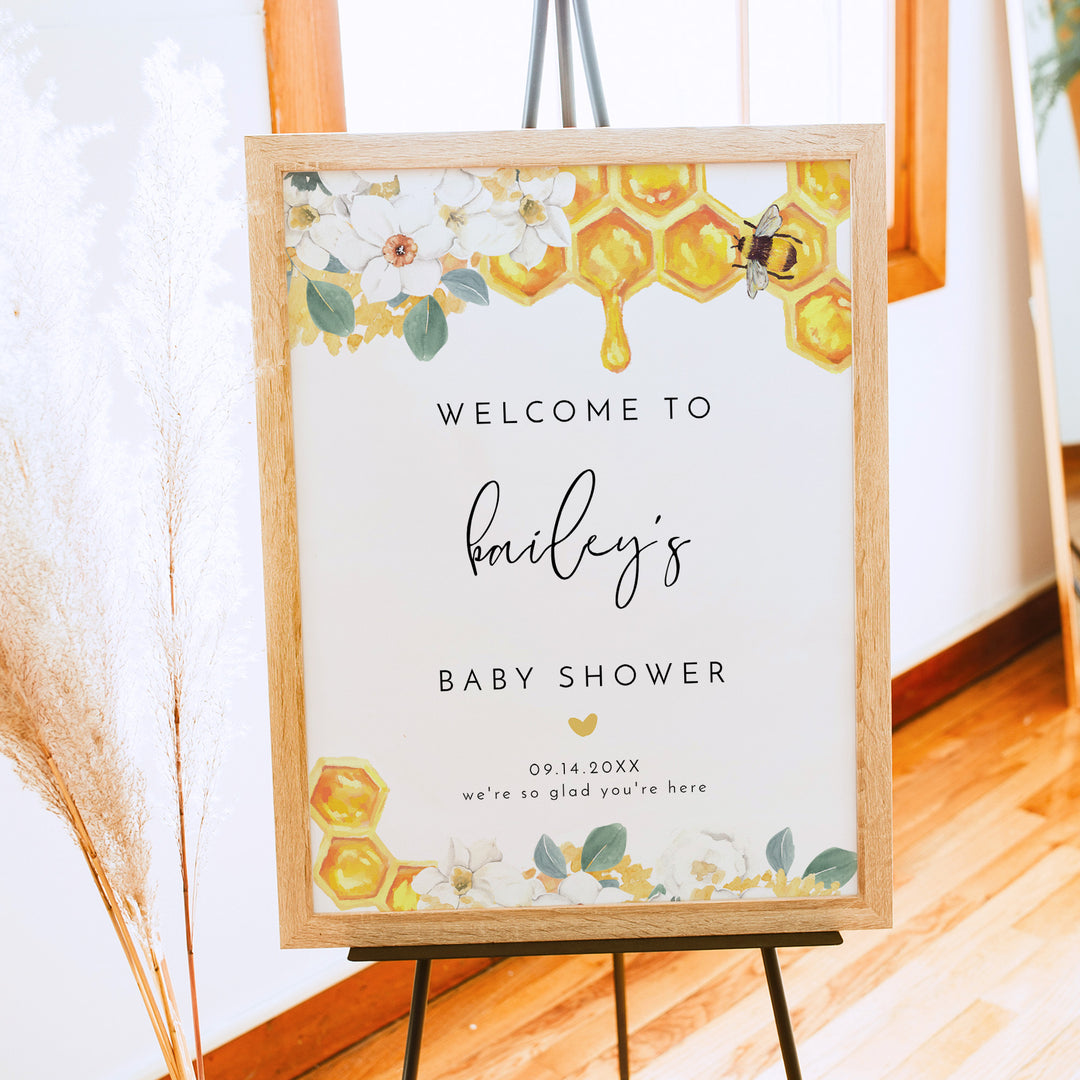 ROMY Yellow Watercolor Honey Bee Baby Shower Sign