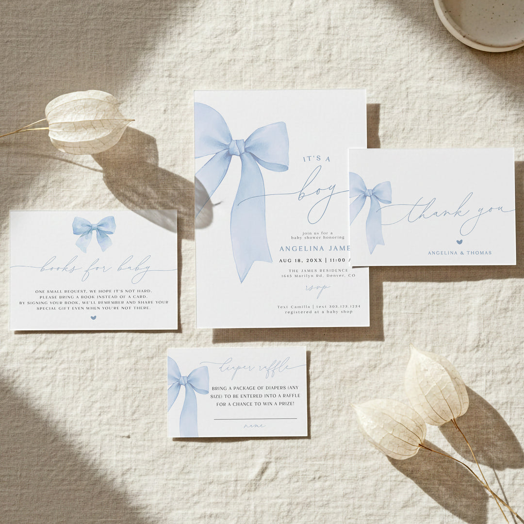 ANGELINA It's A Boy Blue Coquette Bow Baby Shower Invitation Suite