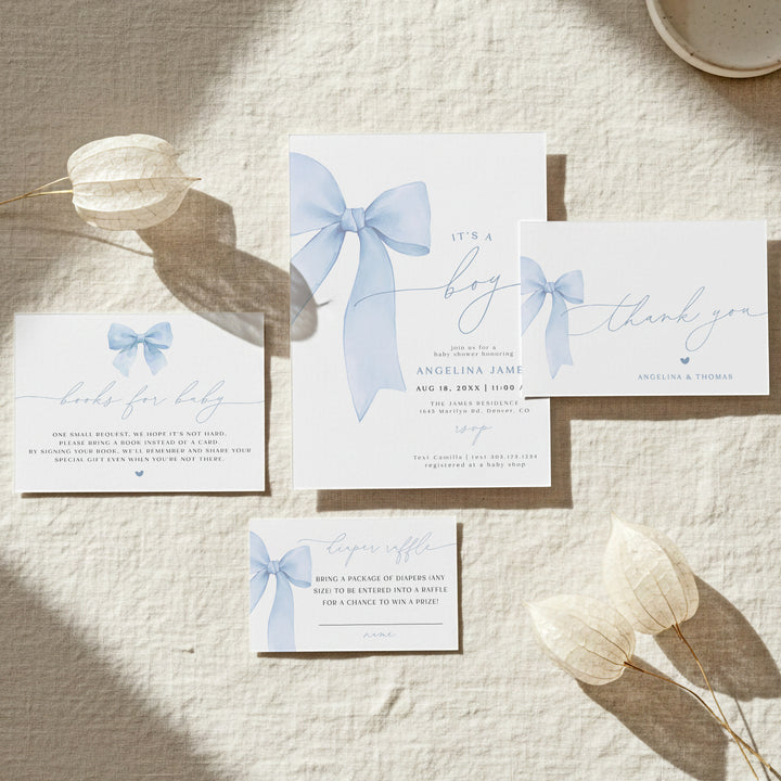 ANGELINA It's A Boy Blue Coquette Bow Baby Shower Invitation Suite
