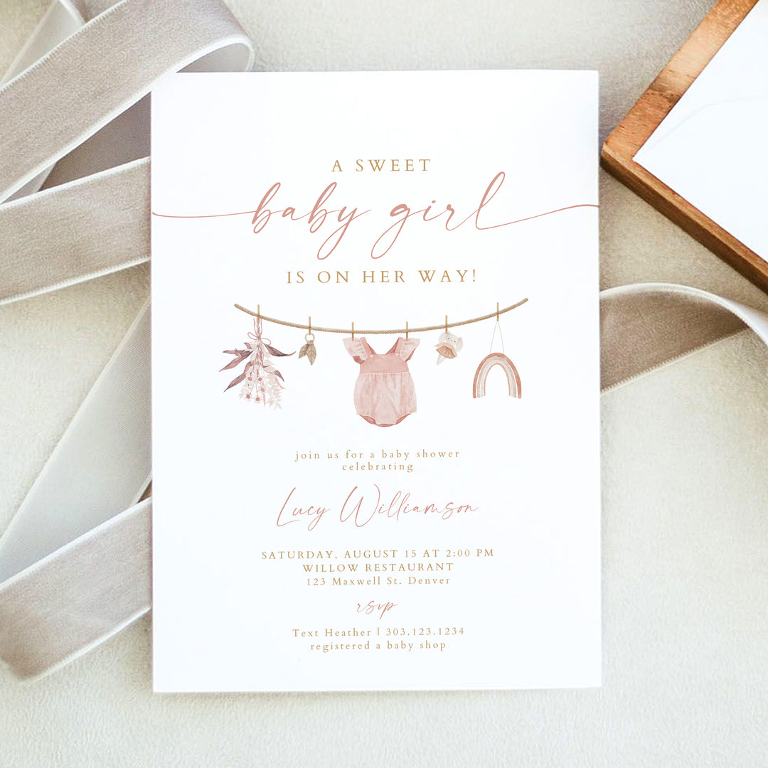 LUCY Sweet Baby Girl Clothesline Baby Shower Invitation Bundle