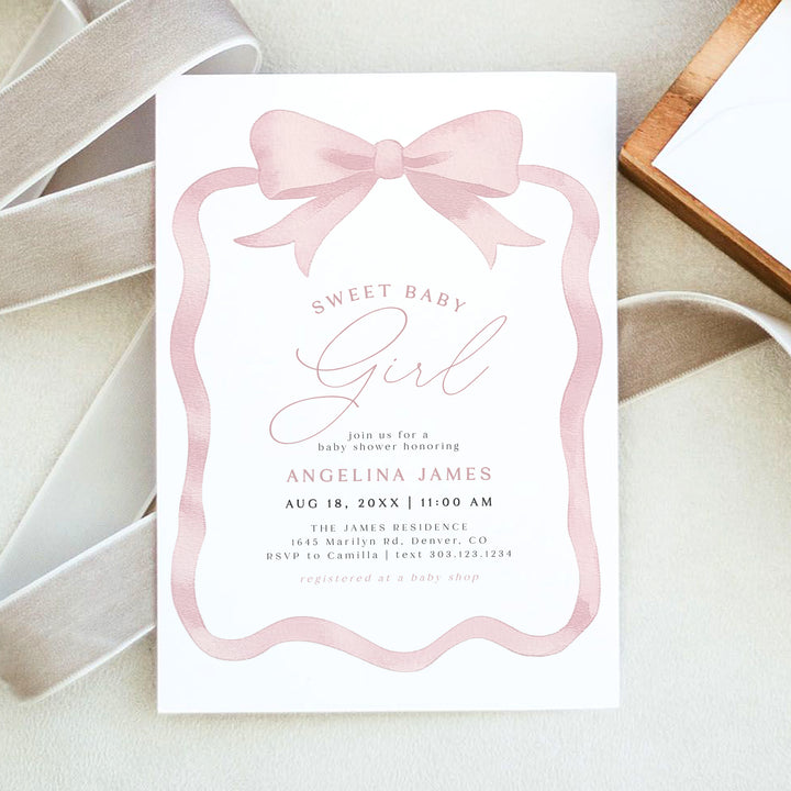 ANGELINA Girl Pink Bow Baby Shower Invitation Bundle