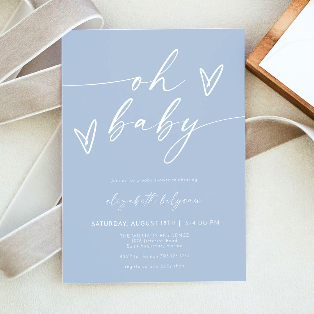 KENNEDY Dusty Blue Oh Baby Boy Baby Shower Invitation Bundle