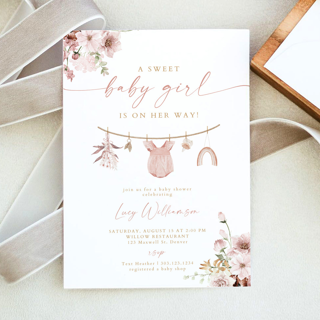 LUCY Sweet Baby Girl Boho Floral Baby Shower Invitation Suite