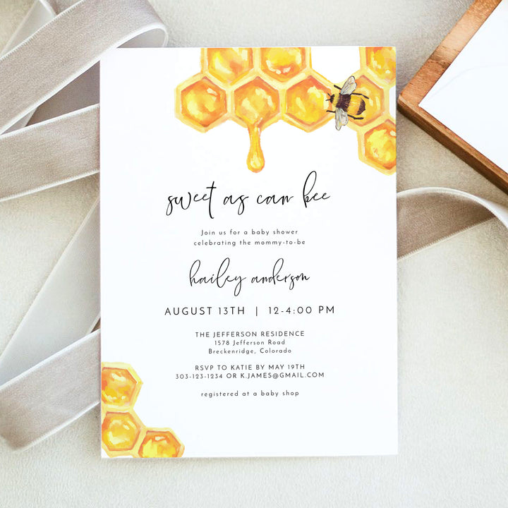 ROMY Sweet as Can Bee Rustic Honey Bee Baby Shower Invitation Suite
