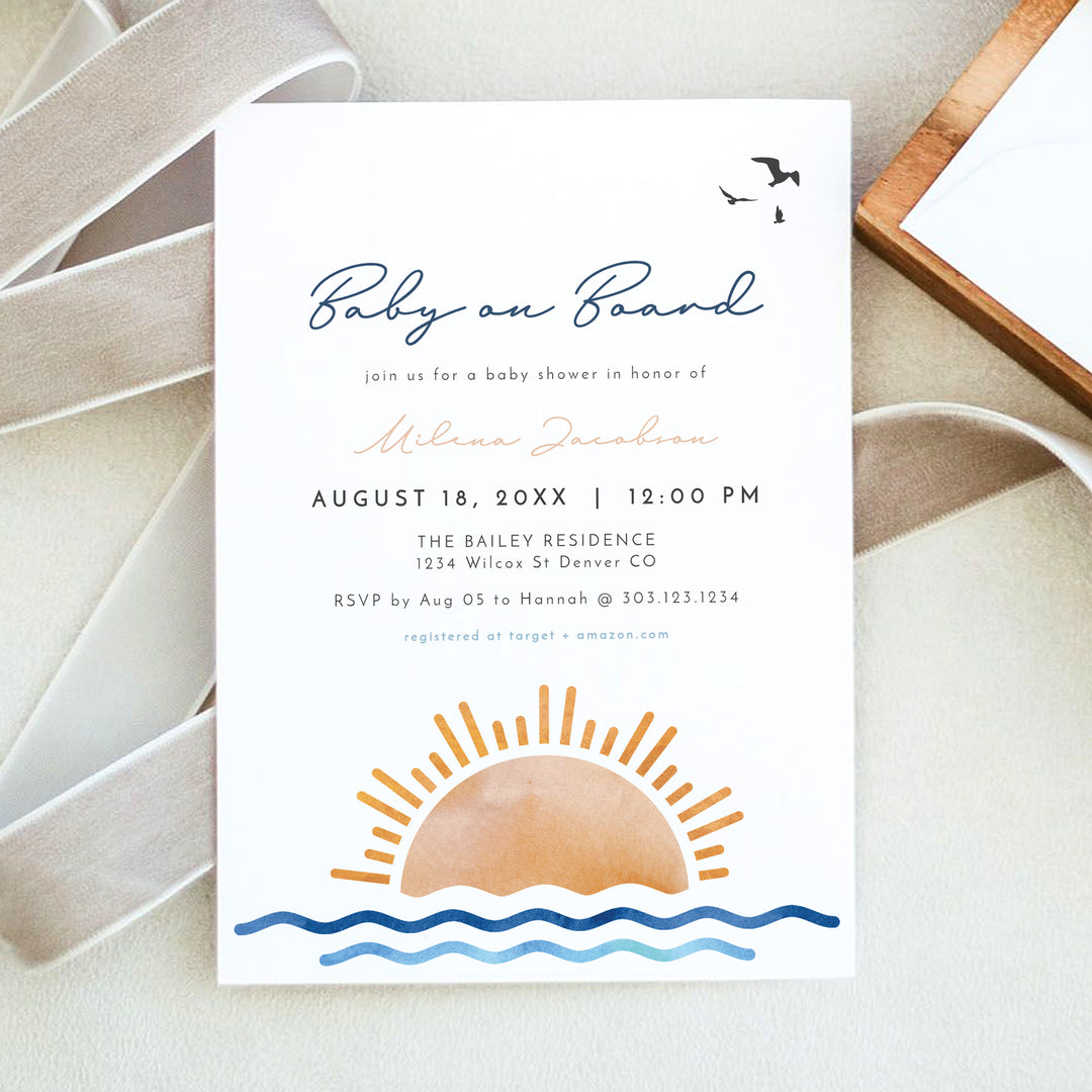 OCEANSIDE Baby on Board Baby Shower Invitation Bundle with Photo