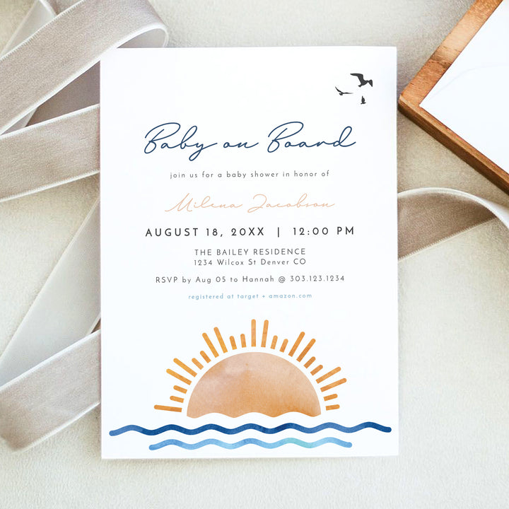 OCEANSIDE Baby on Board Baby Shower Invitation Bundle with Photo