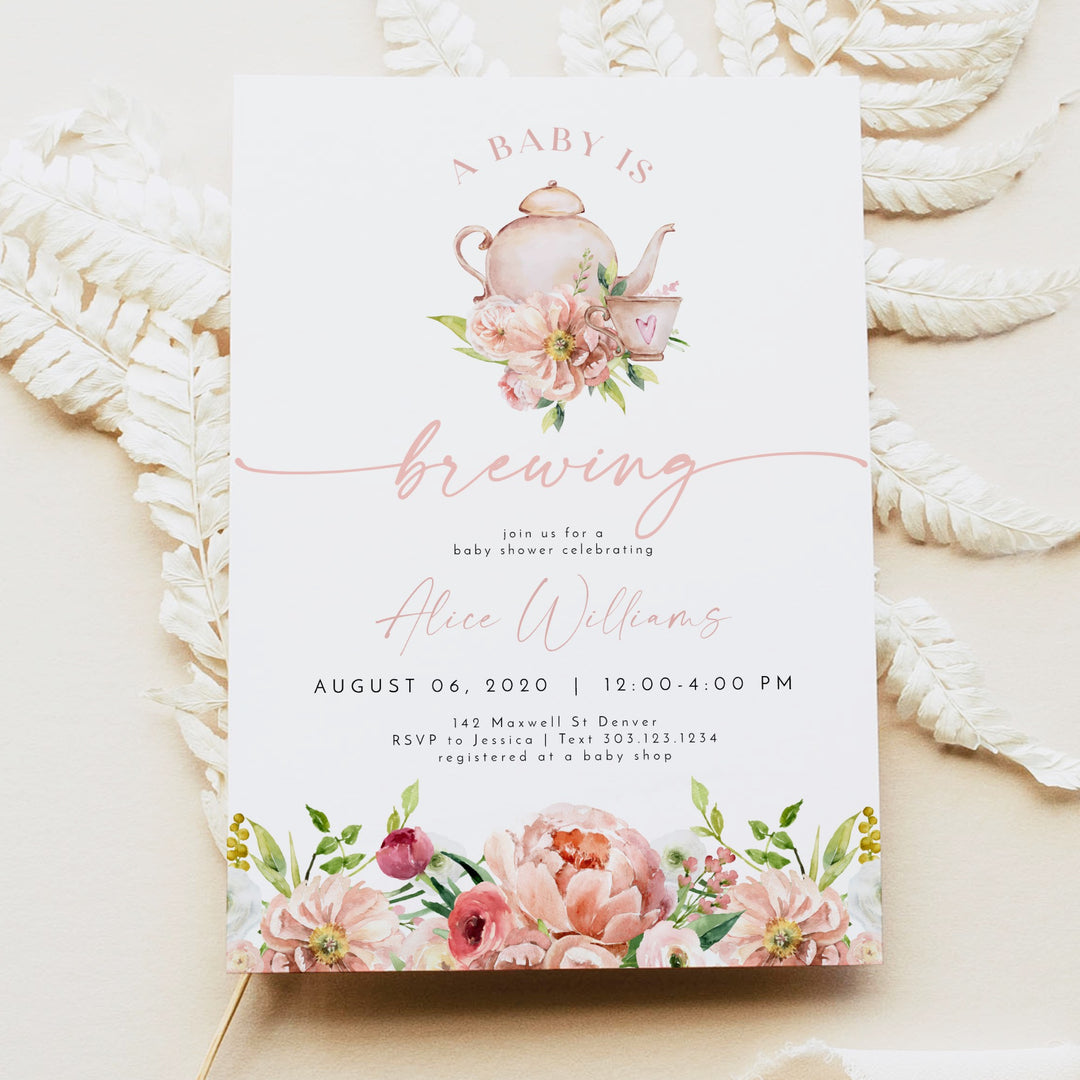 ALICE Baby is Brewing Tea Party Baby Shower Brunch Invitation