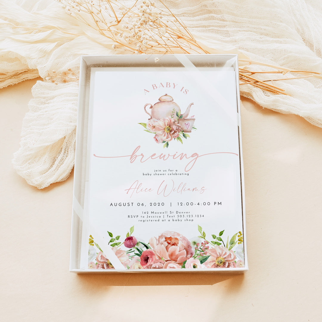 ALICE Baby is Brewing Tea Party Baby Shower Brunch Invitation