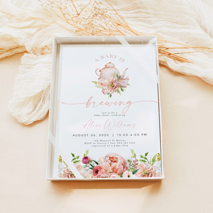 ALICE Baby is Brewing Tea Party Baby Shower Brunch Invitation