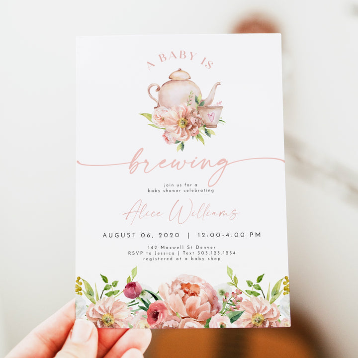 ALICE Baby is Brewing Tea Party Baby Shower Brunch Invitation