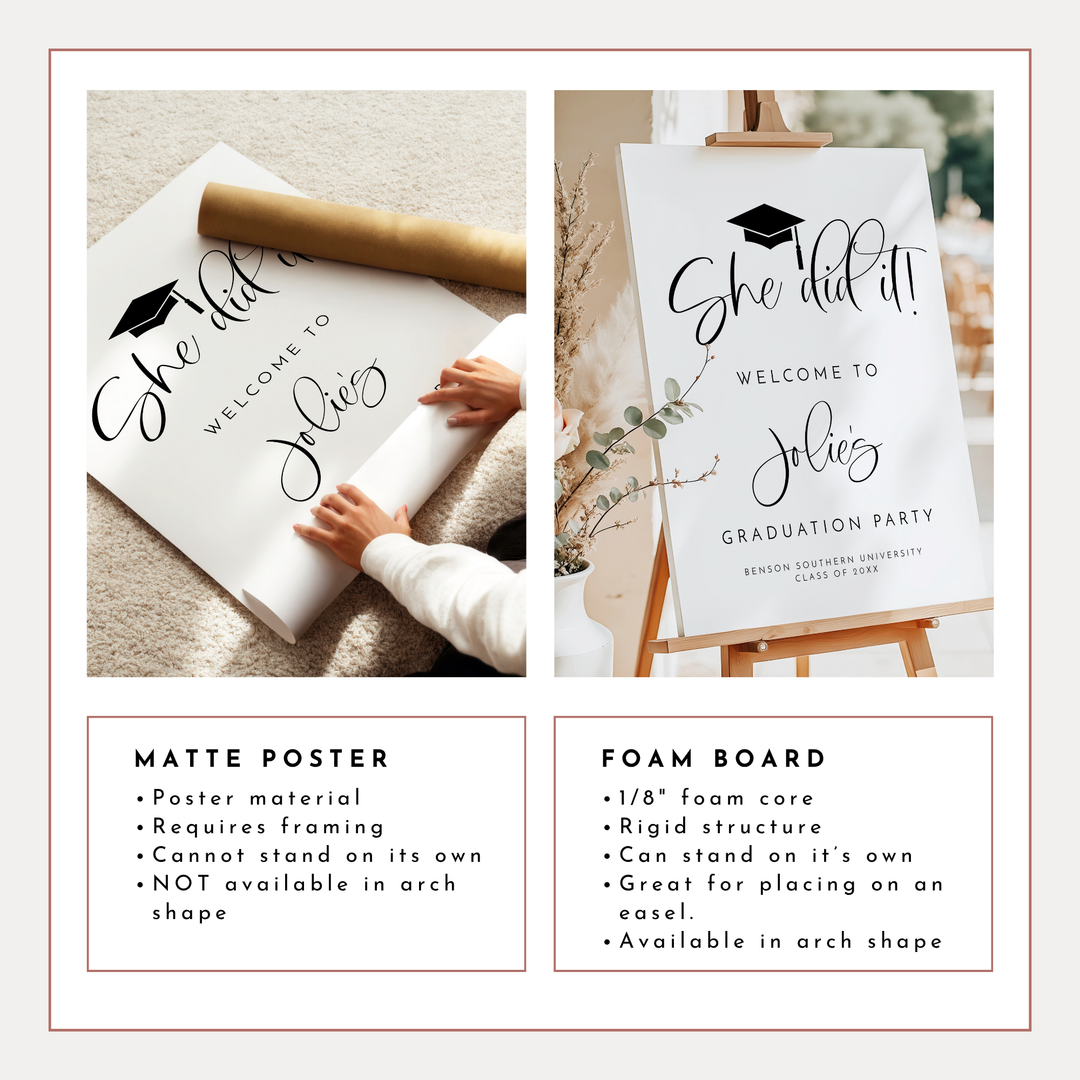JOLIE She Did It Black & White Minimalist Graduation Party Welcome Sign
