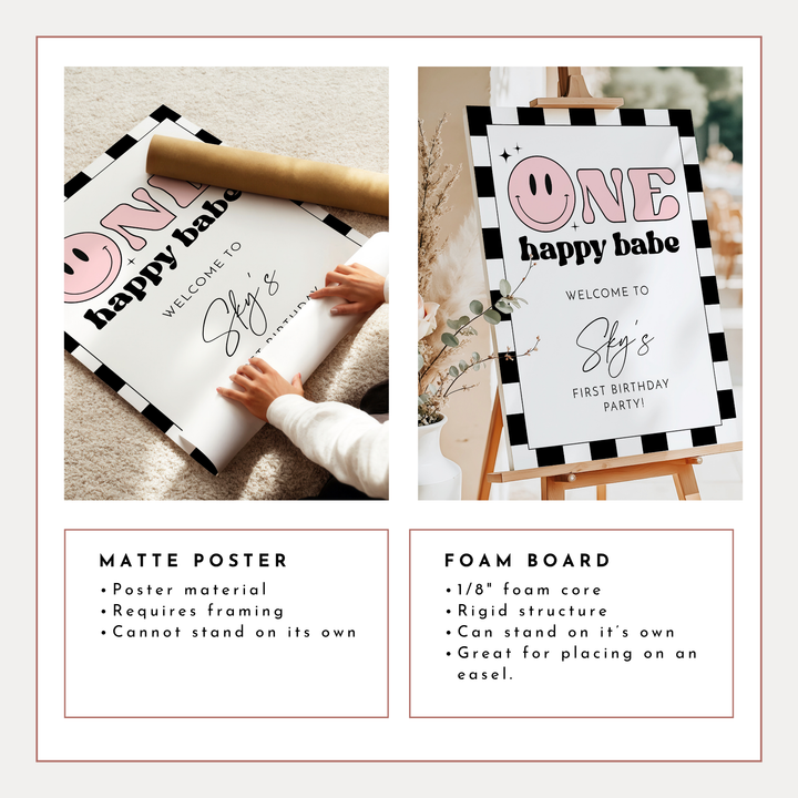 TRAVIS One Happy Babe Pink Retro Smiley First Birthday Party Welcome Sign