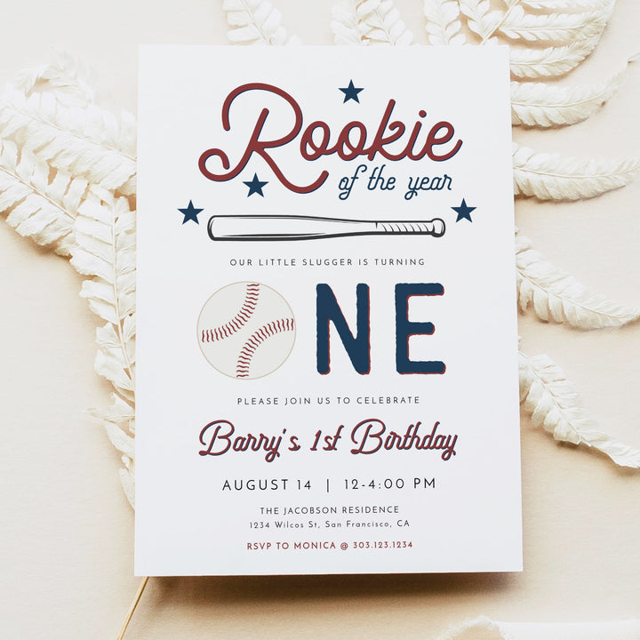 BARRY Little Rookie Baby Boy Baseball First Birthday Party Invitations