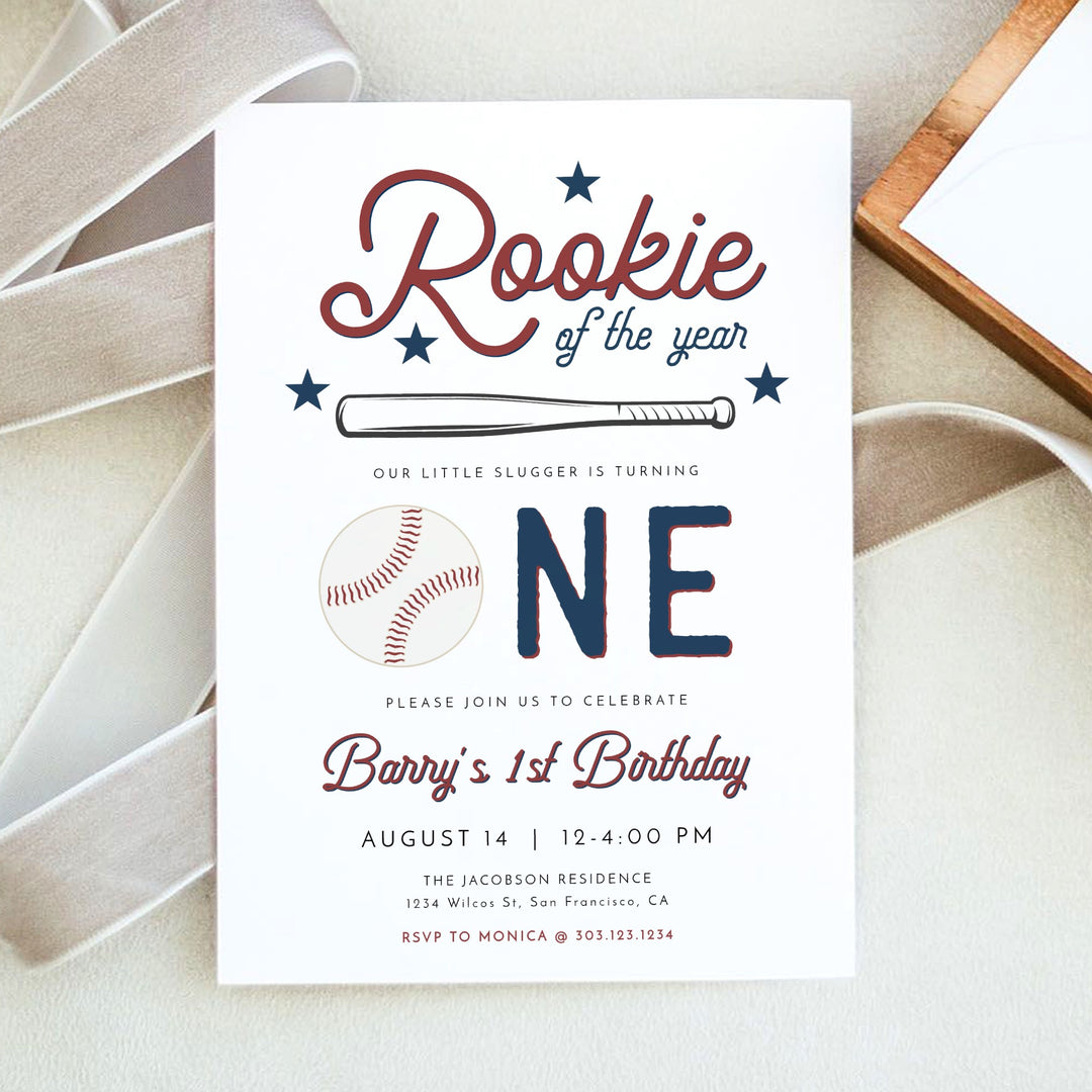 BARRY Little Rookie Baby Boy Baseball First Birthday Party Invitations