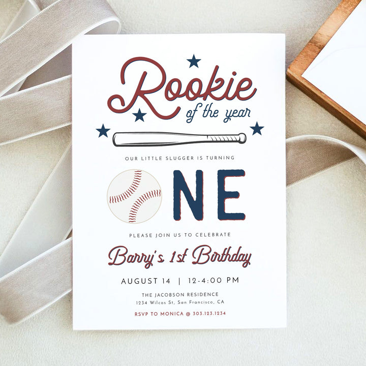 BARRY Little Rookie Baby Boy Baseball First Birthday Party Invitations