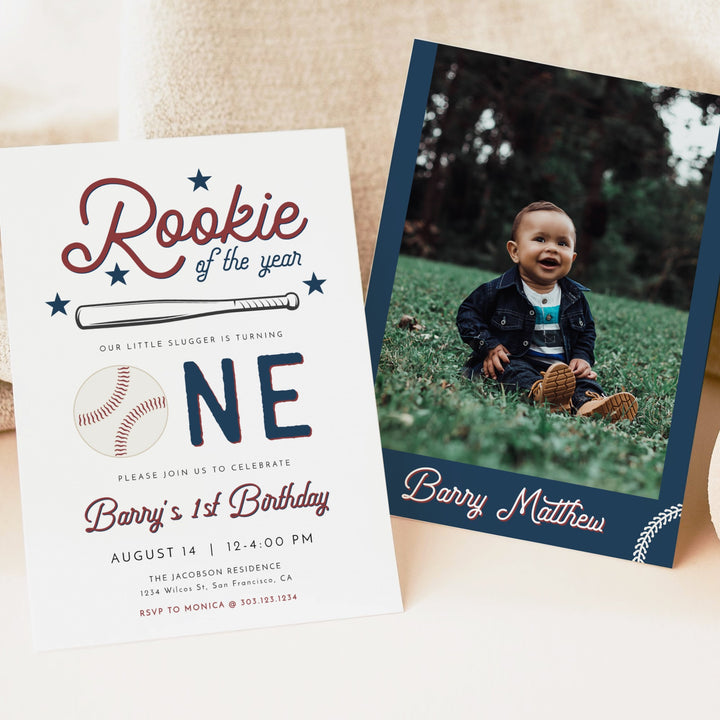 BARRY Little Rookie Baby Boy Baseball First Birthday Party Invitations