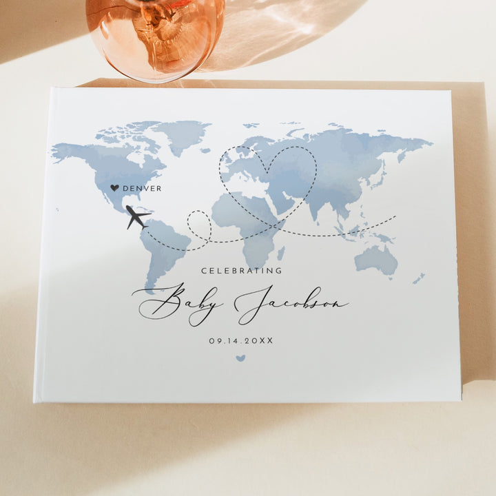 CARMEN Personalized Little Explorer Blue World Map Baby Shower Guest Book Keepsake