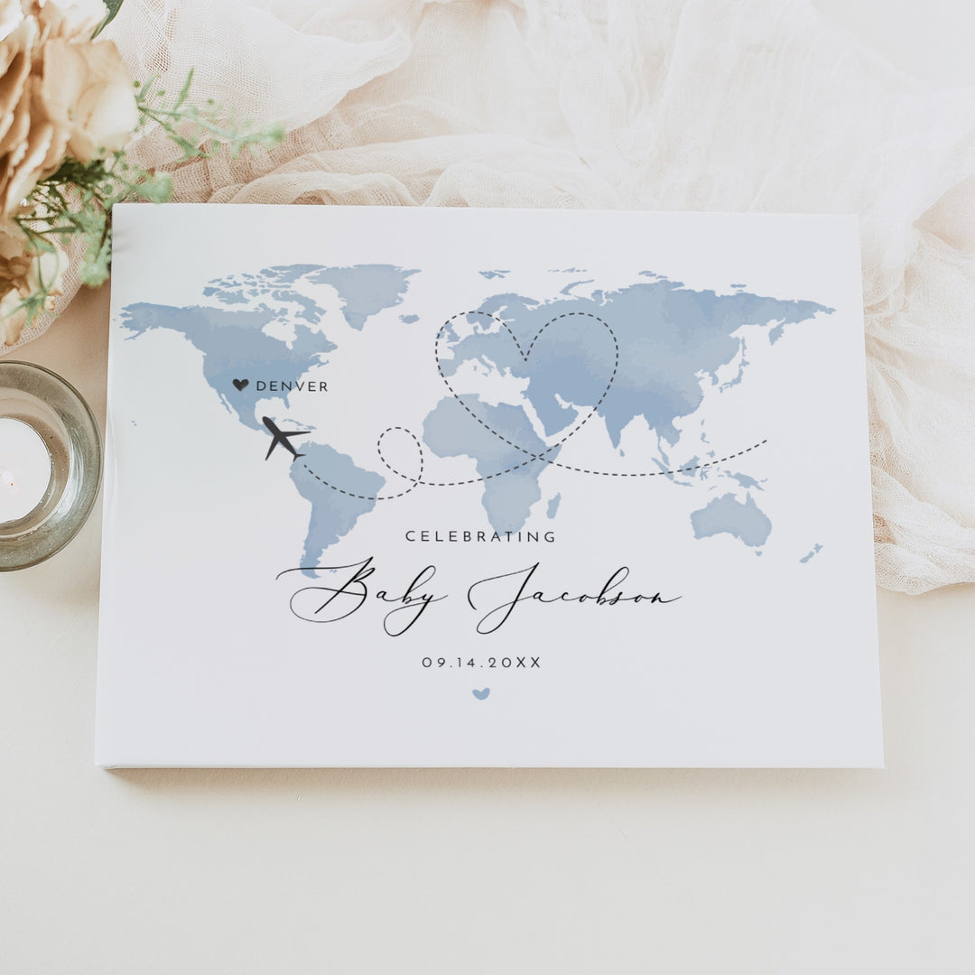 CARMEN Personalized Little Explorer Blue World Map Baby Shower Guest Book Keepsake