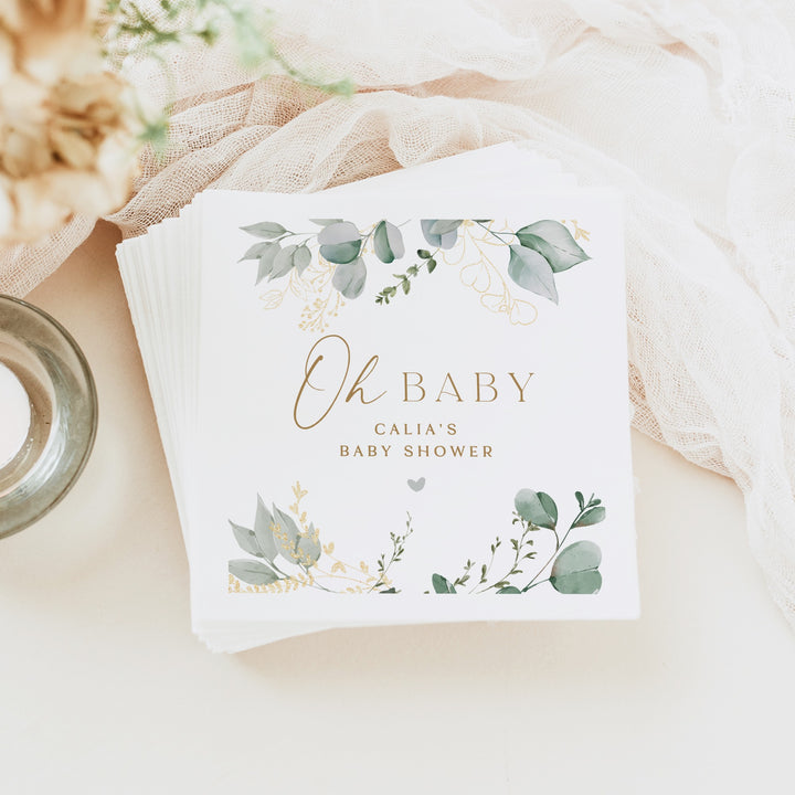 CALIA Personalized Greenery & Gold Oh Baby Elegant Baby Shower Napkins
