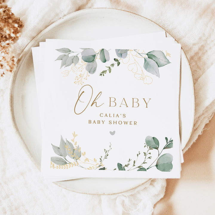 CALIA Personalized Greenery & Gold Oh Baby Elegant Baby Shower Napkins