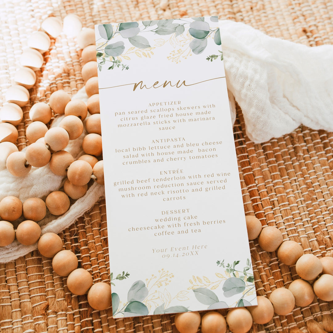 CALIA Elegant Greenery & Gold Menu Cards