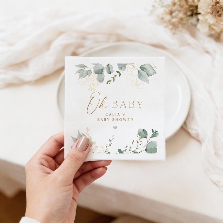 CALIA Personalized Greenery & Gold Oh Baby Elegant Baby Shower Napkins
