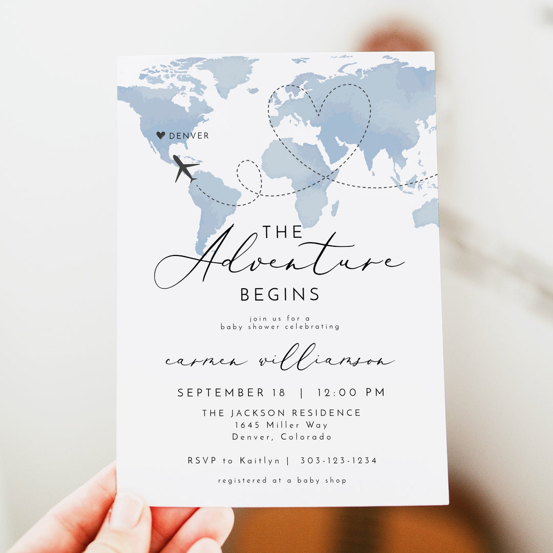 CARMEN Dusty Blue Map Adventure Begins Baby Shower Invitation Suite
