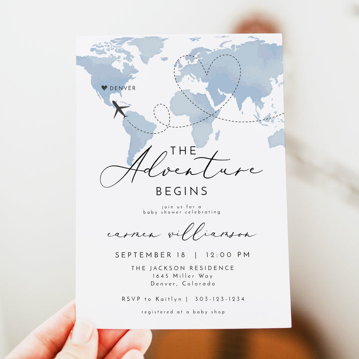 CARMEN Dusty Blue Map Adventure Begins Baby Shower Invitation Suite