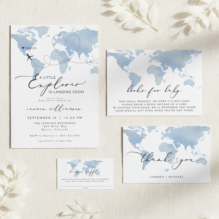 CARMEN Little Explorer Blue World Map Baby Shower Invitation Suite