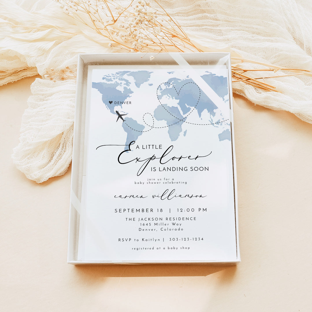 CARMEN Little Explorer Blue World Map Baby Shower Invitation Suite