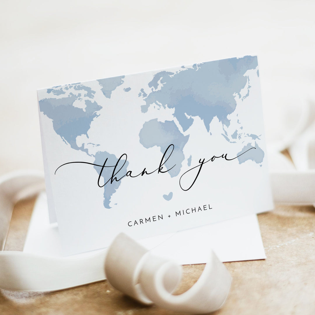 CARMEN Little Explorer Blue World Map Baby Shower Invitation Suite