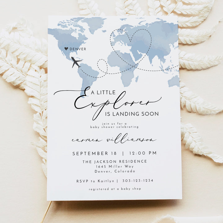 CARMEN Little Explorer Blue World Map Baby Shower Invitation Suite