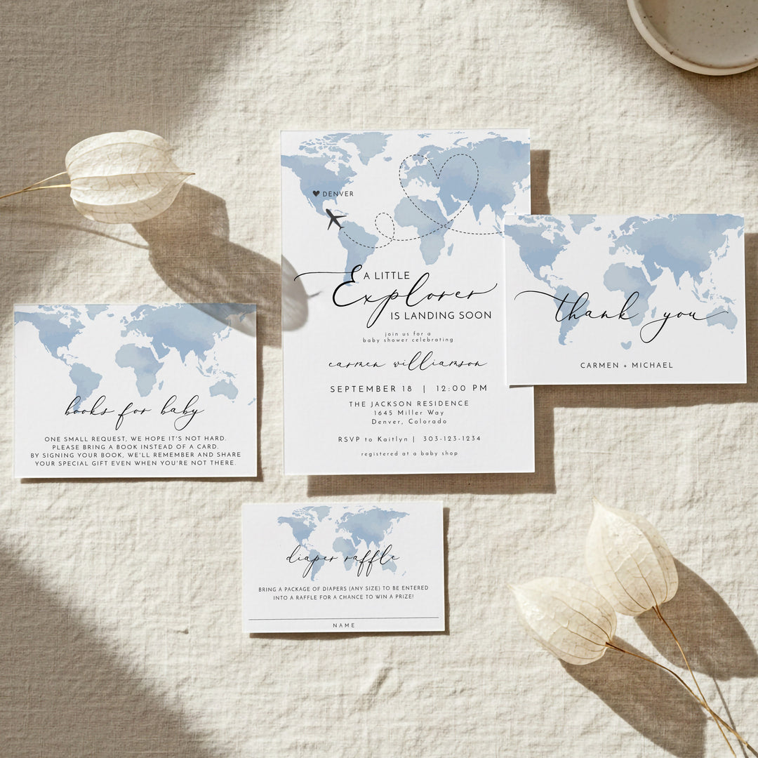 CARMEN Little Explorer Blue World Map Baby Shower Invitation Suite