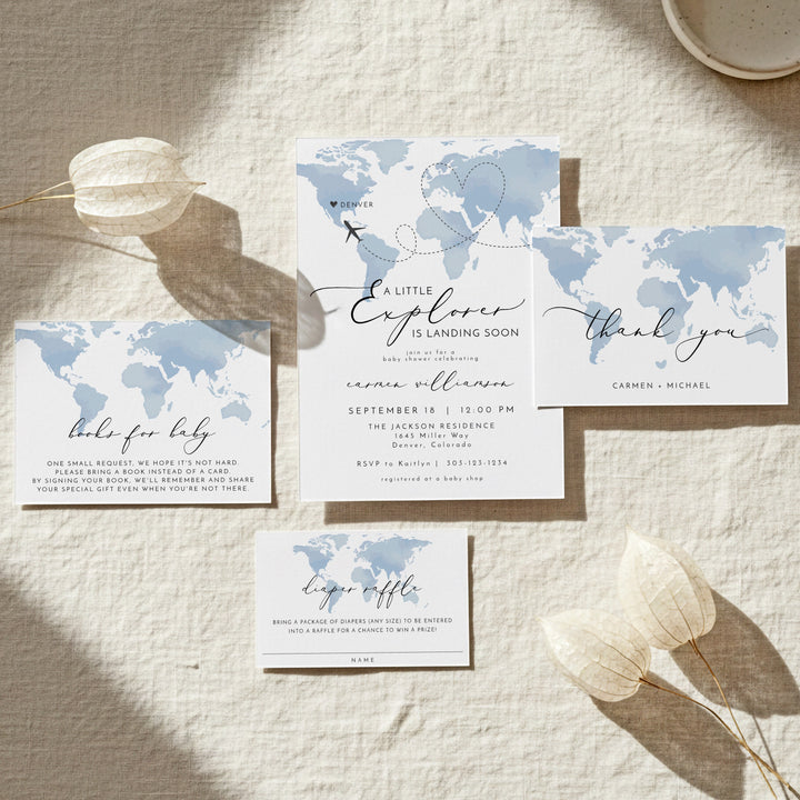 CARMEN Little Explorer Blue World Map Baby Shower Invitation Suite