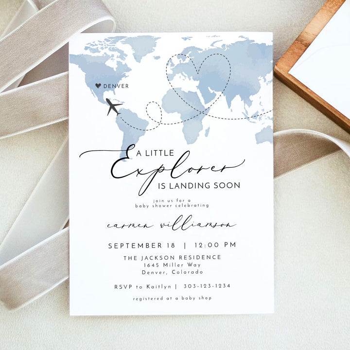CARMEN Little Explorer Blue World Map Baby Shower Invitation Suite