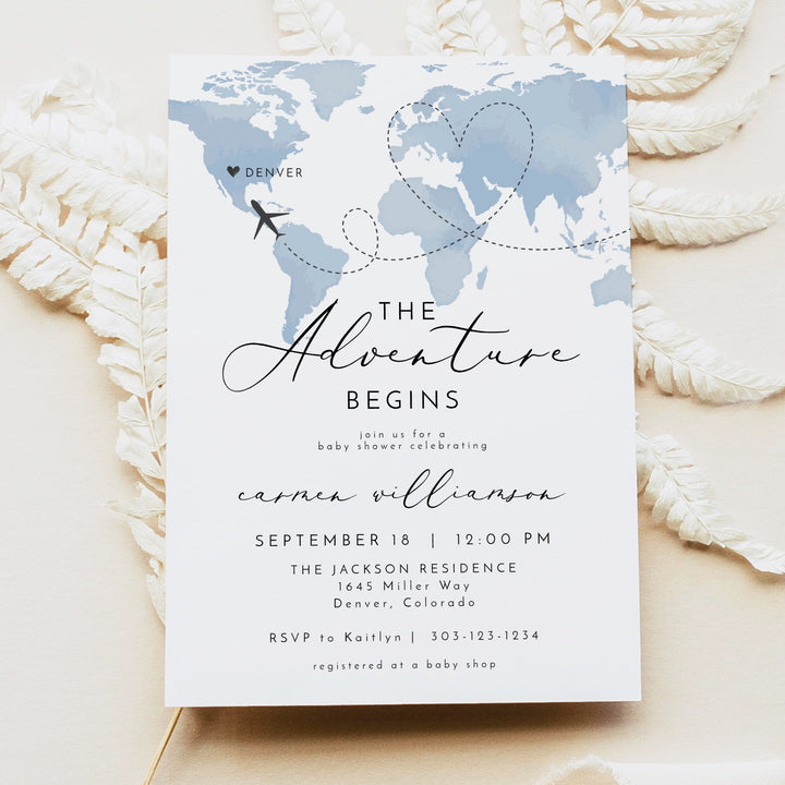 CARMEN Dusty Blue Map Adventure Begins Baby Shower Invitation Suite