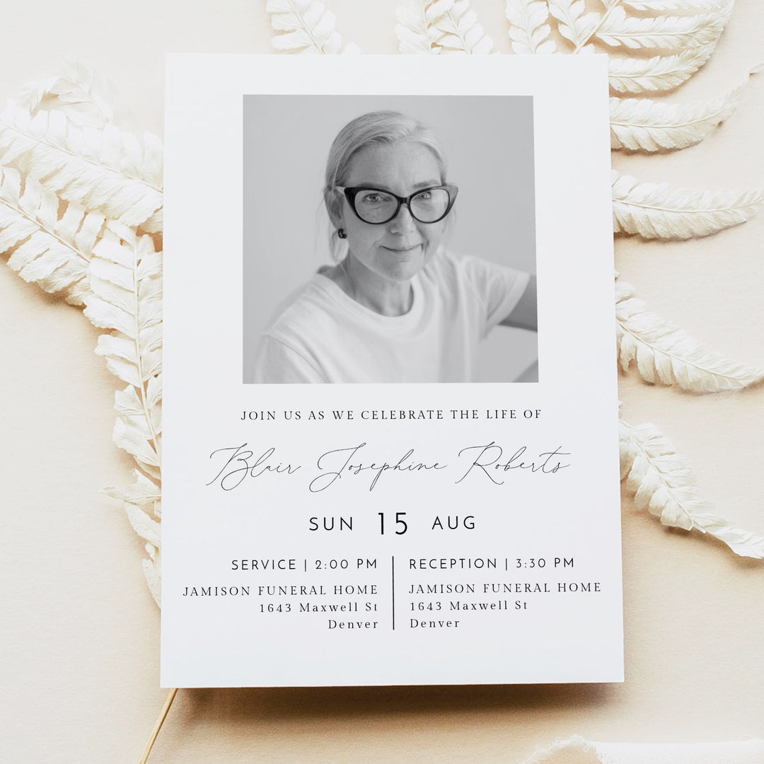 CHLOE Modern Minimalist Black & White Memorial Service Photo Announcement