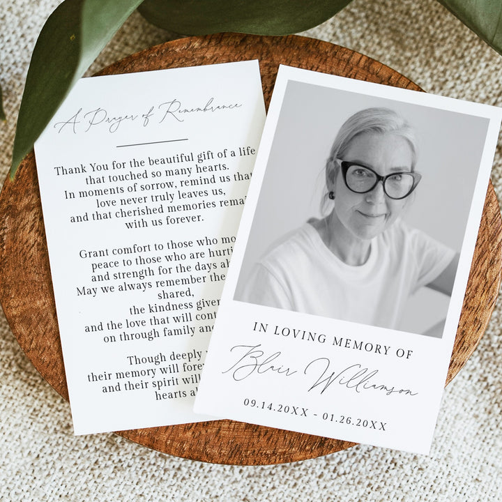 CHLOE In Loving Memory Back & White Memorial Prayer Card with Photo